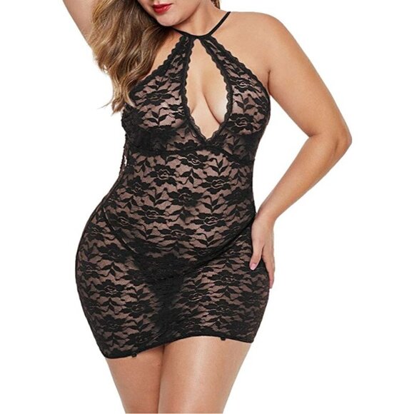 Halter Plus Size Lace Lingerie Keyhole Stretch Babydoll Chemise with Garters NWT - Picture 3 of 9